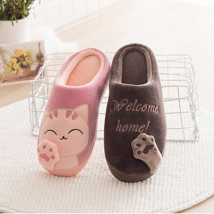 Cute Cat Slippers Women Men Winter Plush Home Shoes